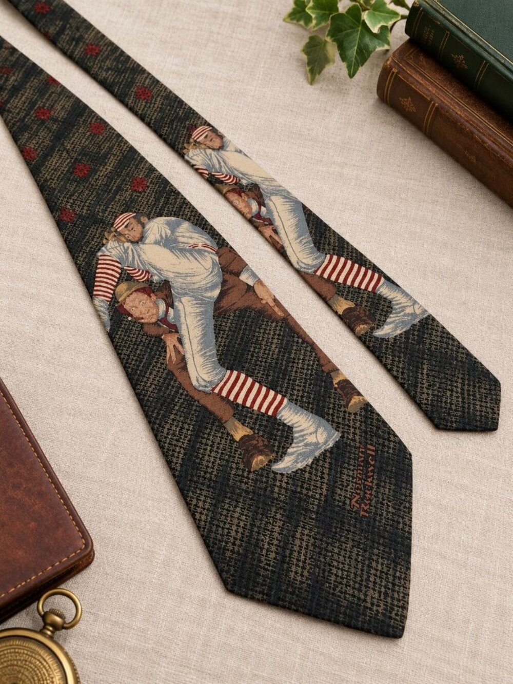 Norman Rockwell All Silk Baseball Scene Pattern Tie Multicolor 56 x 3.75 Inches